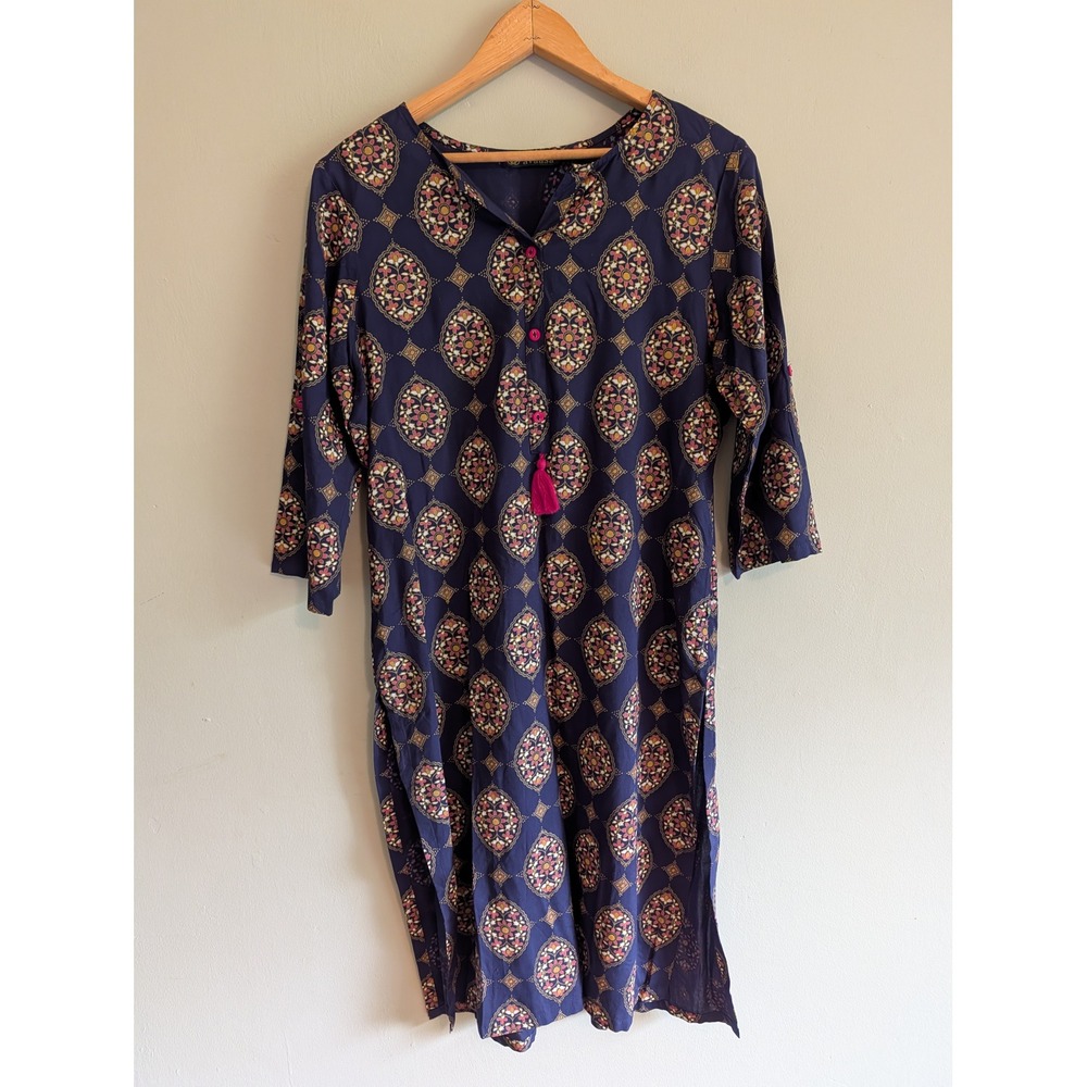 Avaasa Blue Medallion Print Rayon Kurti Tunic Pink Tassel 3/4 Sleeve Size M